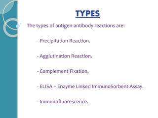 TYPES
The types of antigen-antibody reactions are:
- Precipitation Reaction.
- Agglutination Reaction.
- Complement Fixation.
- ELISA – Enzyme Linked ImmunoSorbent Assay.
- Immunofluorescence.
 