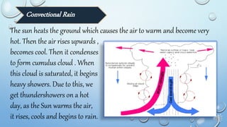 Convectional Rain
The sun heats the ground which causes the air to warm and become very
hot. Then the air rises upwards ,
becomes cool. Then it condenses
to form cumulus cloud . When
this cloud is saturated, it begins
heavy showers. Due to this, we
get thundershowers on a hot
day, as the Sun warms the air,
it rises, cools and begins to rain.
 