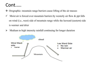 Cont.….
 Orographic: mountain range barriers cause lifting of the air masses
 Moist air is forced over mountain barriers by westerly air flow & ppt falls
on wind (i.e., west) side of mountain range while the leeward (eastern) side
is warmer and drier
 Medium to high intensity rainfall continuing for longer duration
 