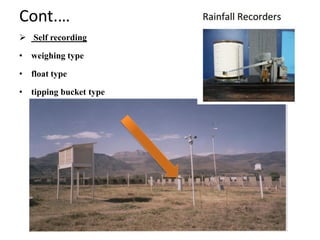 Cont.…
 Self recording
• weighing type
• float type
• tipping bucket type
 
