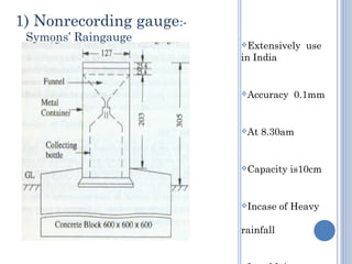 1) Nonrecording gauge:Symons’ Raingauge

Extensively

use

in India

Accuracy

At

0.1mm

8.30am

Capacity

Incase

r...