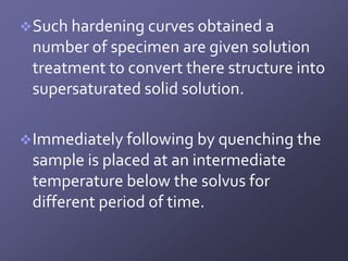  Such hardening curves obtained a
 number of specimen are given solution
 treatment to convert there structure into
 supersaturated solid solution.

 Immediately following by quenching the
 sample is placed at an intermediate
 temperature below the solvus for
 different period of time.
 