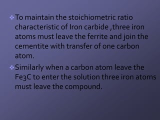  To maintain the stoichiometric ratio
  characteristic of Iron carbide ,three iron
  atoms must leave the ferrite and join the
  cementite with transfer of one carbon
  atom.
 Similarly when a carbon atom leave the
  Fe3C to enter the solution three iron atoms
  must leave the compound.
 