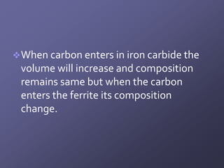  When carbon enters in iron carbide the
 volume will increase and composition
 remains same but when the carbon
 enters the ferrite its composition
 change.
 