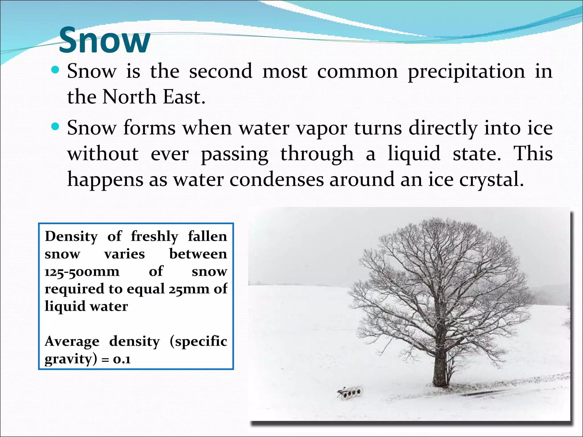 Snow Snow is the second most common precipitation in the North East.  Snow forms when water vapor turns directly into ice without ever passing through a liquid state. This happens as water condenses around an ice crystal. Density of freshly fallen snow varies between 125-500mm of snow required to equal 25mm of liquid water Average density (specific gravity) = 0.1 