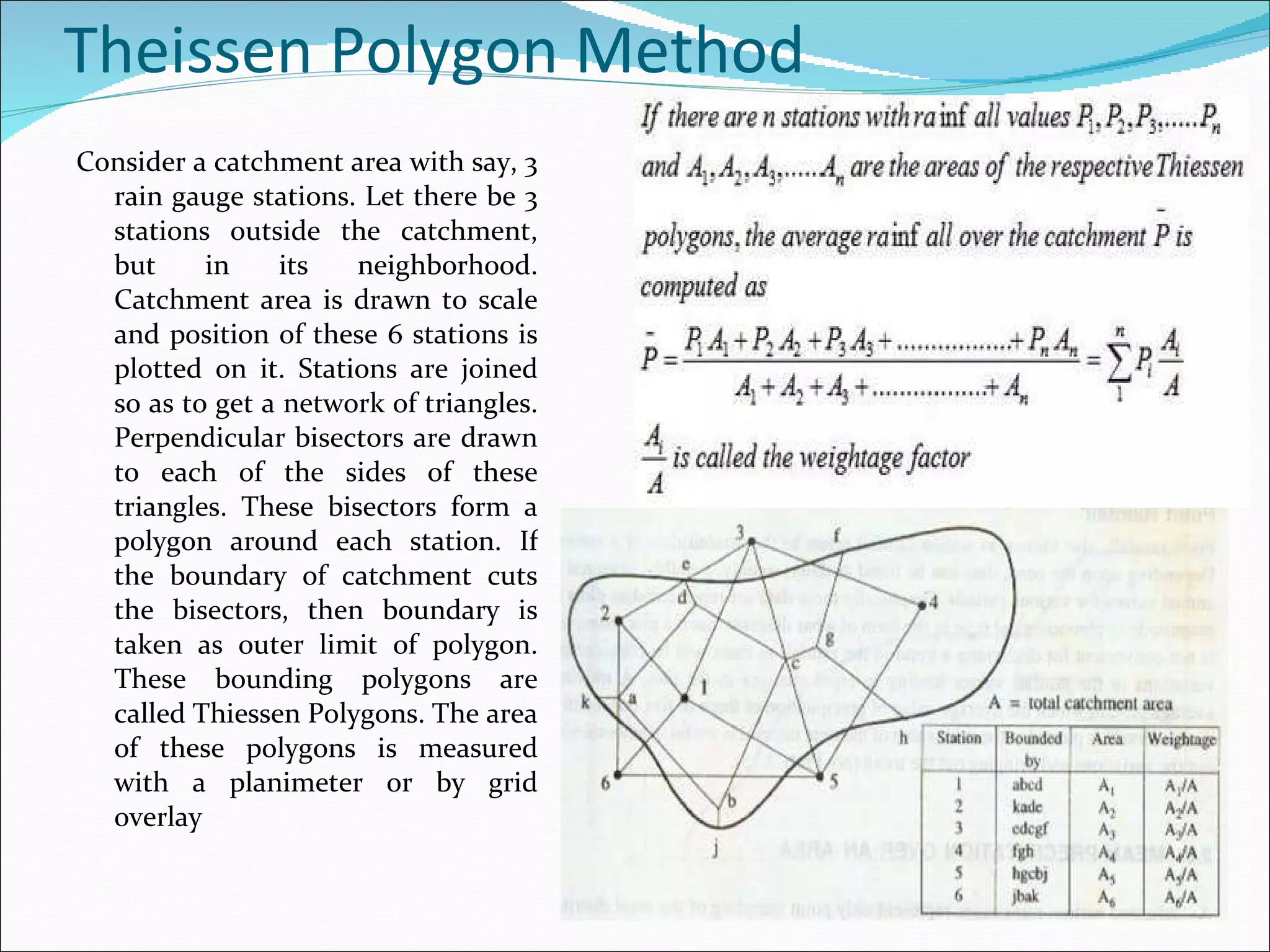 Theissen Polygon Method Consider a catchment area with say, 3 rain gauge stations. Let there be 3 stations outside the catchment, but in its neighborhood. Catchment area is drawn to scale and position of these 6 stations is plotted on it. Stations are joined so as to get a network of triangles. Perpendicular bisectors are drawn to each of the sides of these triangles. These bisectors form a polygon around each station. If the boundary of catchment cuts the bisectors, then boundary is taken as outer limit of polygon. These bounding polygons are called Thiessen Polygons. The area of these polygons is measured with a planimeter or by grid overlay 