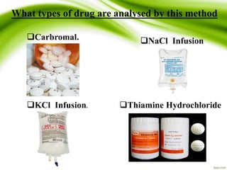 What types of drug are analysed by this method 
Carbromal. 
KCl Infusion. 
NaCl Infusion 
Thiamine Hydrochloride 
 