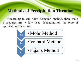 Methods of Precipitation Titration 
According to end point detection method, three main 
procedures are widely used depending on the type of 
application. These are : 
a) • Mohr Method 
b) •Volhard Method 
c) • Fajans Method 
 