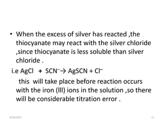 • When the excess of silver has reacted ,the
thiocyanate may react with the silver chloride
,since thiocyanate is less soluble than silver
chloride .
i.e AgCl + SCN–→ AgSCN + Cl–
this will take place before reaction occurs
with the iron (lll) ions in the solution ,so there
will be considerable titration error .
8/26/2015 21
 