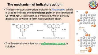 The mechanism of indicators action:
• The best–known adsorption indicator is fluorescein, which
is used to indicate the equivalence point in the titration of
Cl- with Ag+ . Fluorescein is a weak acid, which partially
dissociates in water to form fluoresceinate anion.
• The fluoresceinate anion has a yellow–green colour in
solution.
10
 