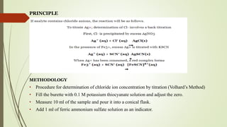 PRINCIPLE
METHODOLOGY
• Procedure for determination of chloride ion concentration by titration (Volhard’s Method)
• Fill the burette with 0.1 M potassium thiocyanate solution and adjust the zero.
• Measure 10 ml of the sample and pour it into a conical flask.
• Add 1 ml of ferric ammonium sulfate solution as an indicator.
 
