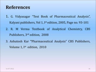 References
1. G. Vidyasagar “Text Book of Pharmaceutical Analysis”,
Kalyani publishers, Vol 1, Ist edition, 2005, Page no. 93-101
2. R. M Verma Textbook of Analytical Chemistry, CBS
Publishers, 3rd edition, 2008
3. Ashutosh Kar “Pharmaceutical Analysis” CBS Publishers,
Volume 1, Ist edition, 2010
16-07-2022 36
 