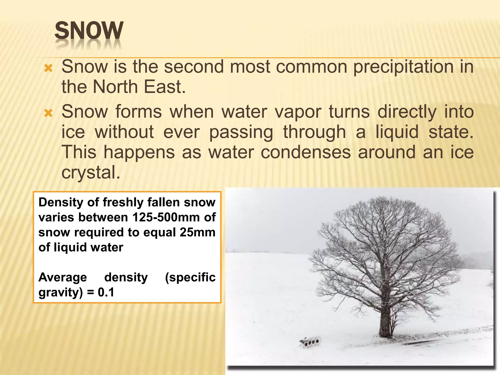 SNOW
 Snow is the second most common precipitation in
the North East.
 Snow forms when water vapor turns directly into
ice without ever passing through a liquid state.
This happens as water condenses around an ice
crystal.
Density of freshly fallen snow
varies between 125-500mm of
snow required to equal 25mm
of liquid water
Average density (specific
gravity) = 0.1
 