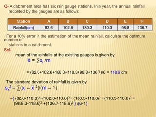 Q- A catchment area has six rain gauge stations. In a year, the annual rainfall
recorded by the gauges are as follows:
For a 10% error in the estimation of the mean rainfall, calculate the optimum
number of
stations in a catchment.
Sol-
mean of the rainfalls at the existing gauges is given by
͞x = ∑xi /m
= (82.6+102.6+180.3+110.3+98.8+136.7)/6 = 118.6 cm
The standard deviation of rainfall is given by
sx
2 = ∑(xi ̶ ͞x 2)/(m ̶ 1)
={ (82.6-118.6)2+(102.6-118.6)2+ (180.3-118.6)2 +(110.3-118.6)2 +
(98.8.3-118.6)2 +(136.7-118.6)2 } /(6-1)
Station A B C D E F
Rainfall(cm) 82.6 102.6 180.3 110.3 98.8 136.7
 