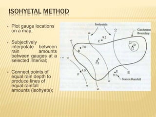 ISOHYETAL METHOD
 Plot gauge locations
on a map;
 Subjectively
interpolate between
rain amounts
between gauges at a
selected interval;
 Connect points of
equal rain depth to
produce lines of
equal rainfall
amounts (isohyets);
 
