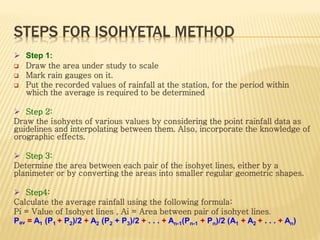 STEPS FOR ISOHYETAL METHOD
 Step 1:
 Draw the area under study to scale
 Mark rain gauges on it.
 Put the recorded values of rainfall at the station, for the period within
which the average is required to be determined
 Step 2:
Draw the isohyets of various values by considering the point rainfall data as
guidelines and interpolating between them. Also, incorporate the knowledge of
orographic effects.
 Step 3:
Determine the area between each pair of the isohyet lines, either by a
planimeter or by converting the areas into smaller regular geometric shapes.
 Step4:
Calculate the average rainfall using the following formula:
Pi = Value of Isohyet lines , Ai = Area between pair of isohyet lines.
Pav = A1 (P1 + P2)/2 + A2 (P2 + P3)/2 + . . . + An-1(Pn-1 + Pn)/2 (A1 + A2 + . . . + An)
 