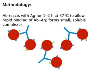 Methodology:

Ab reacts with Ag for 1-2 h at 37*C to allow
rapid binding of Ab-Ag; forms small, soluble
complexes
 