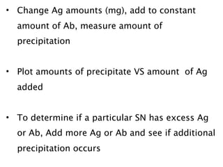 • Change Ag amounts (mg), add to constant
  amount of Ab, measure amount of
  precipitation


• Plot amounts of precipitate VS amount of Ag
  added


• To determine if a particular SN has excess Ag
  or Ab, Add more Ag or Ab and see if additional
  precipitation occurs
 