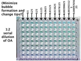1:2
 serial

 of OA
           bubble




dilution
           (Minimize




             1
           formation and
           change tips!!)  



             0.5
             0.25

             0.25

             0.125
            0.0625

            0.03125

            0.015625
            0.0078125

            0.00390625

            0.00195312
                 5
            0.00097656
                 25
 