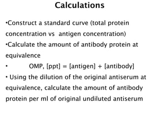 Calculations

•Construct a standard curve (total protein
concentration vs antigen concentration)
•Calculate the amount of antibody protein at
equivalence
•       OMP, [ppt] = [antigen] + [antibody]
• Using the dilution of the original antiserum at
equivalence, calculate the amount of antibody
protein per ml of original undiluted antiserum
 
 