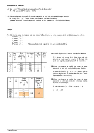 _____________________________________________________________________________________
Ficha de Trabalho 3
Relativamente ao exemplo 1:
1.4. Qual é maior? A Incert. Abs. de Leitura ou a Incert. Abs. de Observação?
(R: a IAO, que vale 2,0 °C, visto IAL = 0,5 ºC)
1.5. Indique corretamente o resultado da medição, atendendo ao valor mais provável e à incerteza absoluta.
(R: p.f. = (121,0  2,0) °C (média  maior das incertezas, que neste caso é IAO)
(para este termómetro é indicada a precisão, tolerância ou erro, que vale 0,5 °C, correspondendo à IAL)
Exemplo 2
Para determinar a massa de uma peça, cujo valor real era 1,25 g, efetuaram-se várias pesagens, tendo-se obtido os seguintes valores:
1º ensaio : 1,23 g
2º ensaio: 1,25 g
3º ensaio: 1,27 g
4º ensaio: 1,21 g
5 º ensaio: 1,24 g A balança utilizada nesta experiência tinha uma precisão de 0,01 g
ix
(g)
Valor
exato
xe
(g)
Erro
absoluto
Ea = |xi-xe|
(g)
Erro relativo
Er =
𝐸𝑎
𝑋𝑒
% Er
Er x 100
(%)
% Er
Médio
(%)
1,23
1,25
0,02 0,02 2
2
1,25 0,00 0,00 2
1,27 0,02 0,02 2
1,21 0,04 0,03 3
1,24 0,01 0,008 0,8
ix
(g)
x
(g)
Desvio
absoluto
di =  xi - x 
(g)
dm Incerteza
Absoluta de
Observação
(IAO)
di máx
(ºC) (g)
1,23
1,24
0,01
0,02 0,03
1,25 0,01
1,27 0,03
1,21 0,03
1,24 0,00
2.1. Comente a precisão e a exatidão das medidas efetuadas.
R: o ensaio mais preciso foi o último, pois está mais
próximo da média, visto ter o menor di. O ensaio mais
exato foi o segundo, visto ter a menor % de erro relativo.
2.2.Indique corretamente a medida da massa da peça,
atendendo ao valor mais provável e à incerteza absoluta.
R: sendo a IAO =0,03 g, > IAL = 0,01 g, deverá optar-se
pela IAO, logo o valor da medição efetuada para a massa
da peça será m = (1,24  0,03) g.
2.3.Indique corretamente a medida da massa da peça,
atendendo ao valor mais provável e à incerteza relativa,
expressa em percentagem.
R: incerteza relativa (%) = (0,03 : 1,24) x 100 = 2 %
m = 1,24 g  2 %
 