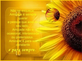 Não se esqueça:  Amizade é sempre querer a pessoa que ama ao seu lado.  Amizade não é ocasional, interessada ou pretensiosa.  Amizade é para ser constante e para sempre .    