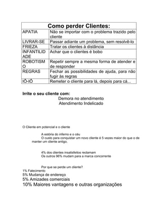 Como perder Clientes:
APATIA             Não se importar com o problema trazido pelo
                   cliente
LIVRAR-SE          Passar adiante um problema, sem resolvê-lo
FRIEZA             Tratar os clientes à distância
INFANTILID         Achar que o clientes é bobo
ADE
ROBOTISM           Repetir sempre a mesma forma de atender e
O                  de responder
REGRAS             Fechar as possibilidades de ajuda, para não
                   fugir às regras
IÔ-IÔ              Remeter o cliente para lá, depois para cá...

Irrite o seu cliente com:
                    Demora no atendimento
                    Atendimento Indelicado




O Cliente em potencial e o cliente

            A estória do inferno e o céu
            O custo para conquistar um novo cliente é 5 vezes maior do que o de
      manter um cliente antigo.


             4% dos clientes insatisfeitos reclamam
             Os outros 96% mudam para a marca concorrente


           Por que se perde um cliente?
1% Falecimento
5% Mudança de endereço
5% Amizades comerciais
10% Maiores vantagens e outras organizações
 
