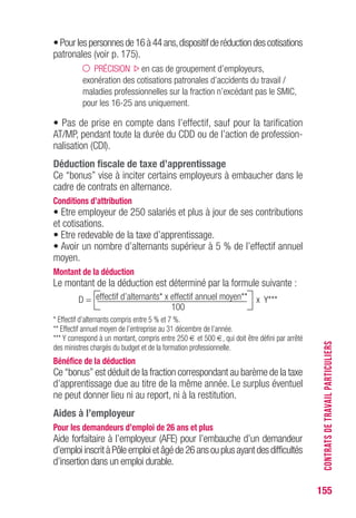 155
•Pourlespersonnesde16à44ans,dispositifderéductiondescotisations
patronales (voir p. 175).
PRÉCISION en cas de groupement d’employeurs,
exonération des cotisations patronales d’accidents du travail /
maladies professionnelles sur la fraction n’excédant pas le SMIC,
pour les 16-25 ans uniquement.
• Pas de prise en compte dans l’effectif, sauf pour la tarification
AT/MP, pendant toute la durée du CDD ou de l’action de profession-
nalisation (CDI).
Déduction fiscale de taxe d’apprentissage
Ce “bonus” vise à inciter certains employeurs à embaucher dans le
cadre de contrats en alternance.
Conditions d’attribution
• Etre employeur de 250 salariés et plus à jour de ses contributions
et cotisations.
• Etre redevable de la taxe d’apprentissage.
• Avoir un nombre d’alternants supérieur à 5 % de l’effectif annuel
moyen.
Montant de la déduction
Le montant de la déduction est déterminé par la formule suivante :
D = effectif d’alternants* x effectif annuel moyen** x Y***
100
* Effectif d’alternants compris entre 5 % et 7 %.
** Effectif annuel moyen de l’entreprise au 31 décembre de l’année.
*** Y correspond à un montant, compris entre 250 € et 500 €, qui doit être défini par arrêté
des ministres chargés du budget et de la formation professionnelle.
Bénéfice de la déduction
Ce “bonus” est déduit de la fraction correspondant au barème de la taxe
d’apprentissage due au titre de la même année. Le surplus éventuel
ne peut donner lieu ni au report, ni à la restitution.
Aides à l’employeur
Pour les demandeurs d’emploi de 26 ans et plus
Aide forfaitaire à l’employeur (AFE) pour l’embauche d’un demandeur
d’emploi inscritàPôleemploi etâgéde26ans ou plus ayantdes difficultés
d’insertion dans un emploi durable.
CONTRATSDETRAVAILPARTICULIERS
 