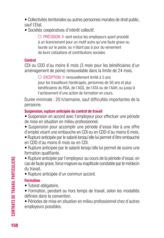 158
• Collectivités territoriales ou autres personnes morales de droit public,
sauf l’Etat.
• Sociétés coopératives d’intérêt collectif.
PRÉCISION sont exclus les employeurs ayant procédé
à un licenciement pour un motif autre qu’une faute grave ou
lourde sur le poste, ou n’étant pas à jour du versement
de leurs cotisations et contributions sociales.
Contrat
CDI ou CDD d’au moins 6 mois (3 mois pour les bénéficiaires d’un
aménagement de peine) renouvelable dans la limite de 24 mois.
EXCEPTION renouvellement limité à 5 ans
pour les travailleurs handicapés, personnes de 50 ans et plus
bénéficiaires du RSA, de l’ASS, de l’ATA ou de l’AAH, ou jusqu’à
l’achèvement d’une action de formation en cours.
Durée minimale : 20 h/semaine, sauf difficultés importantes de la
personne.
Suspension, rupture anticipée du contrat de travail
• Suspension en accord avec l’employeur pour effectuer une période
de mise en situation en milieu professionnel.
• Suspension pour accomplir une période d’essai liée à une offre
d’emploi visant une embauche en CDI ou en CDD d’au moins 6 mois.
• Rupture anticipée par le salarié lorsqu’elle lui permet d’être embauché
en CDD d’au moins 6 mois ou en CDI.
• Rupture anticipée par le salarié lorsqu’elle lui permet de suivre une
formation qualifiante.
• Rupture anticipée par l’employeur au cours de la période d’essai, en
cas de faute grave,force majeure ou inaptitude constatée par le médecin
du travail.
• Rupture anticipée d’un commun accord.
Formation
• Tutorat obligatoire.
• Formation, pendant ou hors temps de travail, selon les modalités
définies dans la convention.
• Périodes de mise en situation en milieu professionnel chez d’autres
employeurs possibles.
CONTRATSDETRAVAILPARTICULIERS
 
