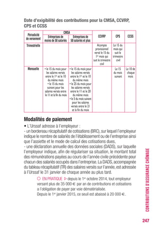 247
CONTRIBUTIONSD’ASSURANCECHÔMAGE
Date d’exigibilité des contributions pour la CMSA, CCVRP,
CPS et CCSS
Périodicité
CMSA
de versement
Entreprises de Entreprises de CCVRP CPS CCSS
moins de 50 salariés 50 salariés et plus
Trimestrielle Acompte Le 15 du
provisionnel mois qui
versé le 15 du suit le
1er mois qui trimestre
suit le trimestre civil
civil
Mensuelle • le 15 du mois pour • le 15 du mois pour Le 15 Le 10 de
les salaires versés les salaires versés du mois chaque
entre le 1er et le 10 entre le 1er et le 10 suivant mois
du même mois du même mois
• le 15 du mois • le 25 du mois pour
suivant pour les les salaires versés
salaires versés entre entre le 11 et le 20
le 11 et la fin du mois du même mois
• le 5 du mois suivant
pour les salaires
versés entre le 21
et la fin du mois
Modalités de paiement
• L’Urssaf adresse à l’employeur :
- un bordereau récapitulatif de cotisations (BRC), sur lequel l’employeur
indique le nombre de salariés de l’établissement ou de l’entreprise ainsi
que l’assiette et le mode de calcul des cotisations dues,
- une déclaration annuelle des données sociales (DADS), sur laquelle
l’employeur indique, afin de régulariser sa situation, le montant total
des rémunérations payées au cours de l’année civile précédente pour
chacun des salariés occupés dans l’entreprise.La DADS,accompagnée
du tableau récapitulatif (TR) des salaires versés sur l’année,est adressée
à l’Urssaf le 31 janvier de chaque année au plus tard.
EN PRATIQUE depuis le 1er octobre 2014, tout employeur
versant plus de 35 000 € par an de contributions et cotisations
a l’obligation de payer par voie dématérialisée.
Depuis le 1er janvier 2015, ce seuil est abaissé à 20 000 €.
 