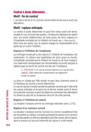 312
SAISIESURALLOCATIONS
Saisie sur allocations
Les allocations temporaire d’attente et de solidarité spécifique
ne sont pas saisissables. En revanche, les autres allocations peuvent faire
l’objet d’une saisie, c’est-à-dire d’une retenue par Pôle emploi au profit
d’un tiers créancier. La proportion des allocations qui est retenue
est fonction de la nature de la créance :
• créance alimentaire ;
• créance non alimentaire.
Créance alimentaire
Lorsqu’un allocataire ne paie pas une pension alimentaire,le bénéficiaire
de cette pension peut demander à un huissier du lieu de sa résidence
d’intervenir auprès de Pôle emploi.Au reçu de la notification de l’huissier,
Pôle emploi est tenu de payer directement au bénéficiaire de la pension
le montant qui a été indiqué sur la notification. Le prélèvement sur
les allocations cesse en cas de mainlevée (notifiée à Pôle emploi par
huissier) ou de suppression de la pension.
Partie saisissable
Le prélèvement peut s’effectuer sur la totalité des allocations,à l’exception
du minimum insaisissable correspondant au revenu de solidarité active
(sans majoration pour personne à charge).
Créance non alimentaire
Si Pôle emploi reçoit une notification du greffe du tribunal ou un avis
des services fiscaux, il procède à une retenue sur le montant des
allocations.Un barème annuel publié au journal officiel fixe la proportion
des rémunérations à saisir en fonction des ressources mensuelles
globales de l’intéressé et du nombre de personnes à charge (l’intéressé
doit fournir les justificatifs nécessaires).
Partie saisissable
La retenue opérée par Pôle emploi ne peut être effectuée que sur la
fraction excédant le montant du revenu de solidarité active.
 