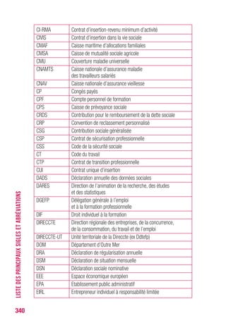340
SARL Société à responsabilité limitée
SASU Société par actions simplifiée unipersonnelle
SJR Salaire journalier de référence
SMIC Salaire minimum de croissance
SPE Service public de l’emploi
SS Sécurité sociale
TR Tableau récapitulatif
UE Union européenne
UPA Union professionnelle artisanale
URSSAF Union de recouvrement des cotisations
de sécurité sociale et d’allocations familiales
VAE Validation des acquis de l’expérience
VRP Voyageur, représentant, placier
LISTEDESPRINCIPAUXSIGLESETABRÉVIATIONS
 