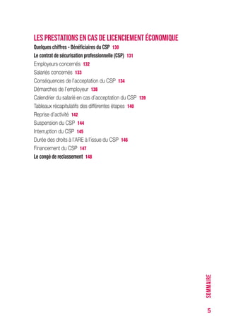 5
LES PRESTATIONS EN CAS DE LICENCIEMENT ÉCONOMIQUE
Quelques chiffres - Bénéficiaires du CSP 130
Le contrat de sécurisation professionnelle (CSP) 131
Employeurs concernés 132
Salariés concernés 133
Conséquences de l’acceptation du CSP 134
Démarches de l’employeur 138
Calendrier du salarié en cas d’acceptation du CSP 139
Tableaux récapitulatifs des différentes étapes 140
Reprise d’activité 142
Suspension du CSP 144
Interruption du CSP 145
Durée des droits à l’ARE à l’issue du CSP 146
Financement du CSP 147
Le congé de reclassement 148
SOMMAIRE
 
