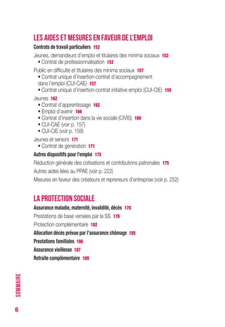 6
LES AIDES ET MESURES EN FAVEUR DE L’EMPLOI
Contrats de travail particuliers 152
Jeunes, demandeurs d’emploi et titulaires des minima sociaux 152
• Contrat de professionnalisation 152
Public en difficulté et titulaires des minima sociaux 157
• Contrat unique d’insertion-contrat d’accompagnement
dans l’emploi (CUI-CAE) 157
• Contrat unique d’insertion-contrat initiative emploi (CUI-CIE) 159
Jeunes 162
• Contrat d’apprentissage 162
• Emploi d’avenir 166
• Contrat d’insertion dans la vie sociale (CIVIS) 169
• CUI-CAE (voir p. 157)
• CUI-CIE (voir p. 159)
Jeunes et seniors 171
• Contrat de génération 171
Autres dispositifs pour l’emploi 175
Réduction générale des cotisations et contributions patronales 175
Autres aides liées au PPAE (voir p. 222)
Mesures en faveur des créateurs et repreneurs d’entreprise (voir p. 252)
LA PROTECTION SOCIALE
Assurance maladie, maternité, invalidité, décès 178
Prestations de base versées par la SS 178
Protection complémentaire 182
Allocation décès prévue par l’assurance chômage 185
Prestations familiales 186
Assurance vieillesse 187
Retraite complémentaire 189
SOMMAIRE
 