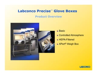 Labconco Precise™ Glove Boxes
        Product Overview




                       Basic
                       Controlled Atmosphere
                       HEPA-Filtered
                       XPert® Weigh Box
 