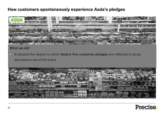 How customers spontaneously experience Asda’s pledges




 What we did
  Evaluated the degree to which Asda’s five customer pledges are reflected in social
     discussions about the brand




32
 