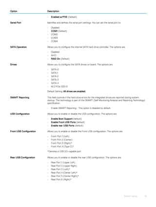 Option Description
• Enabled w/PXE (Default)
Serial Port Identifies and defines the serial port settings. You can set the serial port to:
• Disabled
• COM1 (Default)
• COM2
• COM3
• COM4
SATA Operation Allows you to configure the internal SATA hard-drive controller. The options are:
• Disabled
• AHCI
• RAID On (Default)
Drives Allows you to configure the SATA drives on board. The options are:
• SATA-0
• SATA-1
• SATA-2
• SATA-3
• SATA-4
• M.2 PCIe SSD-0
Default Setting: All drives are enabled.
SMART Reporting This field controls if the hard drive errors for the integrated drives are reported during system
startup. This technology is part of the SMART (Self Monitoring Analysis and Reporting Technology)
specification.
• Enable SMART Reporting - This option is disabled by default.
USB Configuration Allows you to enable or disable the USB configuration. The options are:
• Enable Boot Support (default)
• Enable Front USB Ports (default)
• Enable rear USB Ports (default)
Front USB Configuration Allows you to enable or disable the Front USB configuration. The options are:
• Front Port 1 (Left)
• Front Port 2 (Center)
• Front Port 3 (Right)*
• Front Port 4 (Type C)*
*Denotes a USB 3.0–capable port
Rear USB Configuration Allows you to enable or disable the rear USB configuration. The options are:
• Rear Port 1 (Upper Left)
• Rear Port 2 (Upper Right)
• Rear Port 3 (Left)*
• Rear Port 4 (Center Left)*
• Rear Port 5 (Center Right)*
• Rear Port 6 (Right)*
System setup 19
 