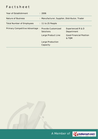 A Member of
F a c t s h e e t
Year of Establishment : 2006
Nature of Business : Manufacturer, Supplier, Distributor, Trader
Total Number of Employees : 11 to 25 People
Primary Competitive Advantage : Provide Customized
Solutions
Experienced R & D
Department
Large Product Line Good Financial Position
& TQM
Large Production
Capacity
 