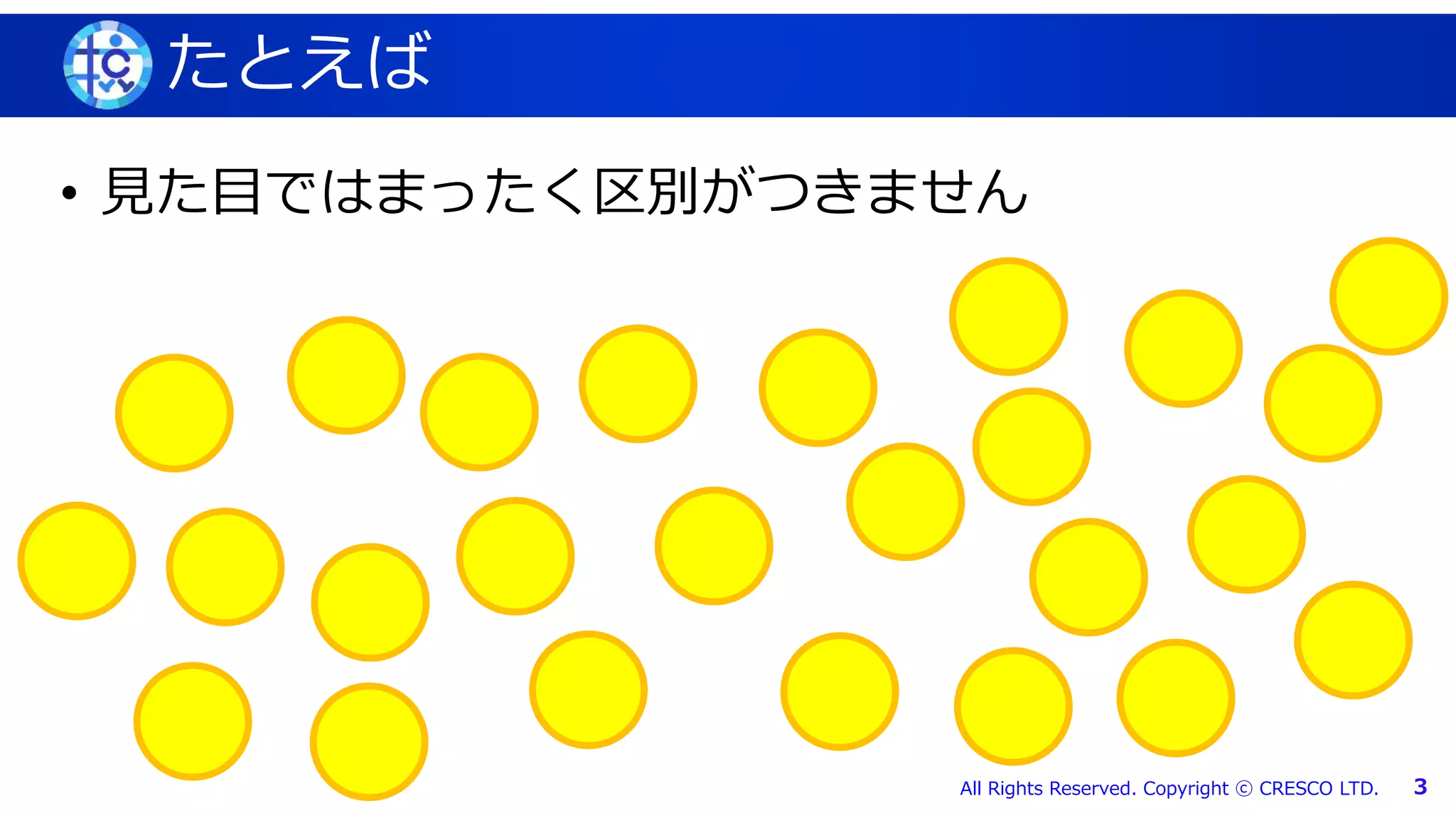 マスター タイトルの書式設定
All Rights Reserved. Copyright ⓒ CRESCO LTD. 3
たとえば
• 見た目ではまったく区別がつきません
 