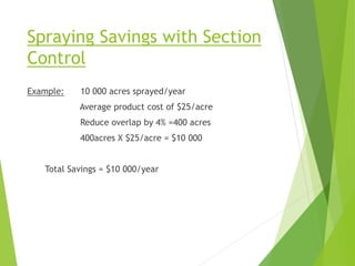 Spraying Savings with Section
Control
Example: 10 000 acres sprayed/year
Average product cost of $25/acre
Reduce overlap by 4% =400 acres
400acres X $25/acre = $10 000
Total Savings = $10 000/year
 