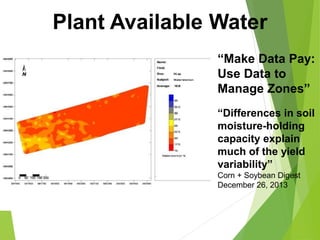 Plant Available Water
“Make Data Pay:
Use Data to
Manage Zones”
“Differences in soil
moisture-holding
capacity explain
much of the yield
variability”
Corn + Soybean Digest
December 26, 2013
 