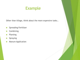 Example
Other than tillage, think about the more expensive tasks..
 Spreading Fertilizer
 Combining
 Planting
 Spraying
 Manure Application
 