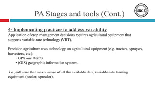 PA Stages and tools (Cont.)
4- Implementing practices to address variability
Application of crop management decisions requires agricultural equipment that
supports variable-rate technology (VRT).
Precision agriculture uses technology on agricultural equipment (e.g. tractors, sprayers,
harvesters, etc.):
• GPS and DGPS.
• (GIS) geographic information systems.
i.e., software that makes sense of all the available data, variable-rate farming
equipment (seeder, spreader).
 