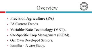 Overview
 Precision Agriculture (PA)
 PA Current Trends.
 Variable‐Rate Technology (VRT).
 Site-Specific Crop Management (SSCM).
 Our Own Developed Sensors.
 Ismailia - A case Study.
 