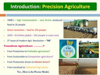 Introduction
• 1900’s – high mechanization – one farmer produced
food to 26 people
• Green revolution – feed to 155 people
• 2050 – 9.6 billion global – 265 people in same area
• 3rd wave of modern Agri. Revolution – “PA”
Transform Agriculture ………..?
• From Productive to Profitable agriculture?
• From Sustainable to Competitive agriculture?
• From Production driven to Market driven?
• From Localised to Globalised Agriculture
Yes , Here is the Precise Model.
 