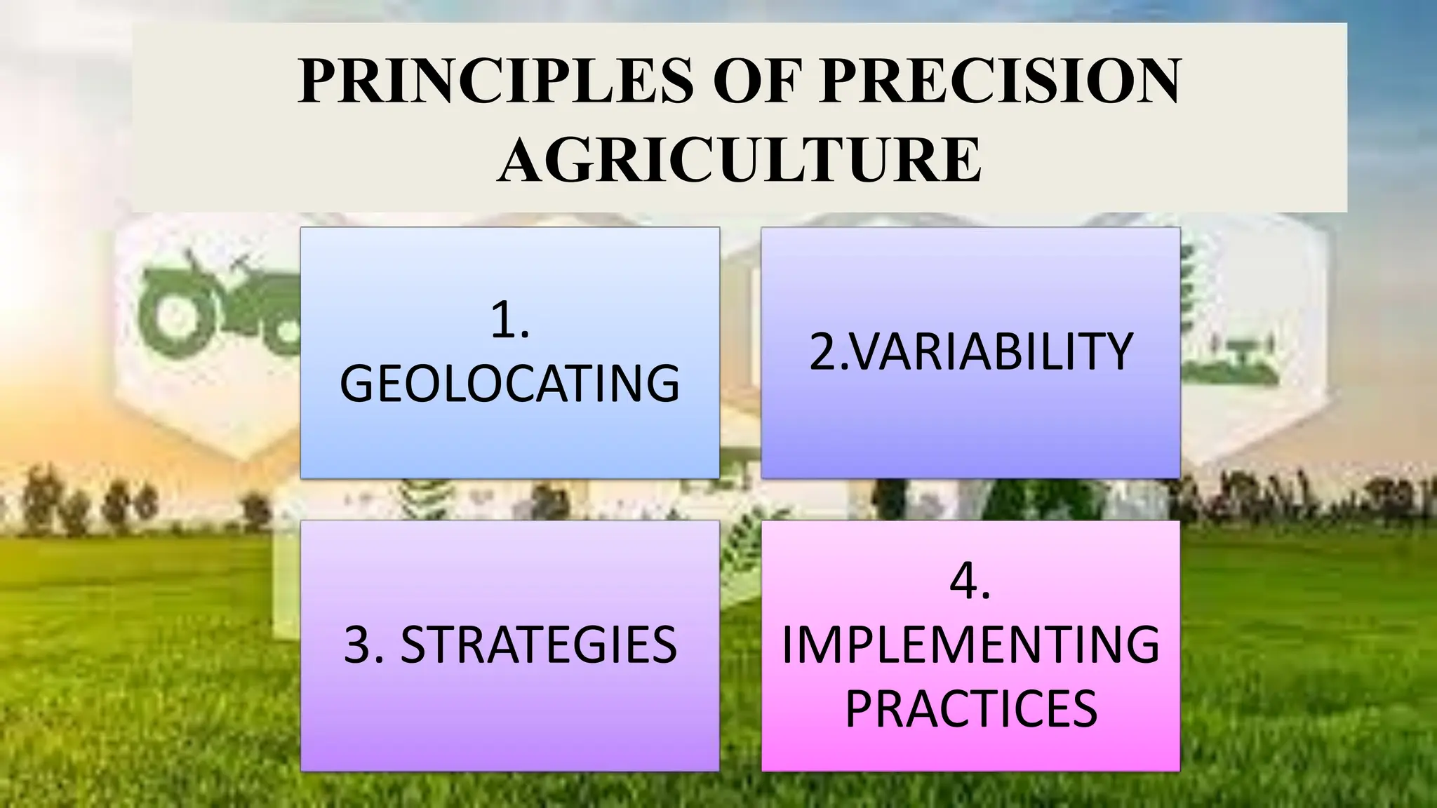 PRINCIPLES OF PRECISION
AGRICULTURE
1.
GEOLOCATING
2.VARIABILITY
3. STRATEGIES
4.
IMPLEMENTING
PRACTICES
 