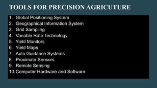 TOOLS FOR PRECISION AGRICUTURE
1. Global Positioning System
2. Geographical Information System
3. Grid Sampling
4. Variable Rate Technology
5. Yield Monitors
6. Yield Maps
7. Auto Guidance Systems
8. Proximate Sensors
9. Remote Sensing
10.Computer Hardware and Software
 