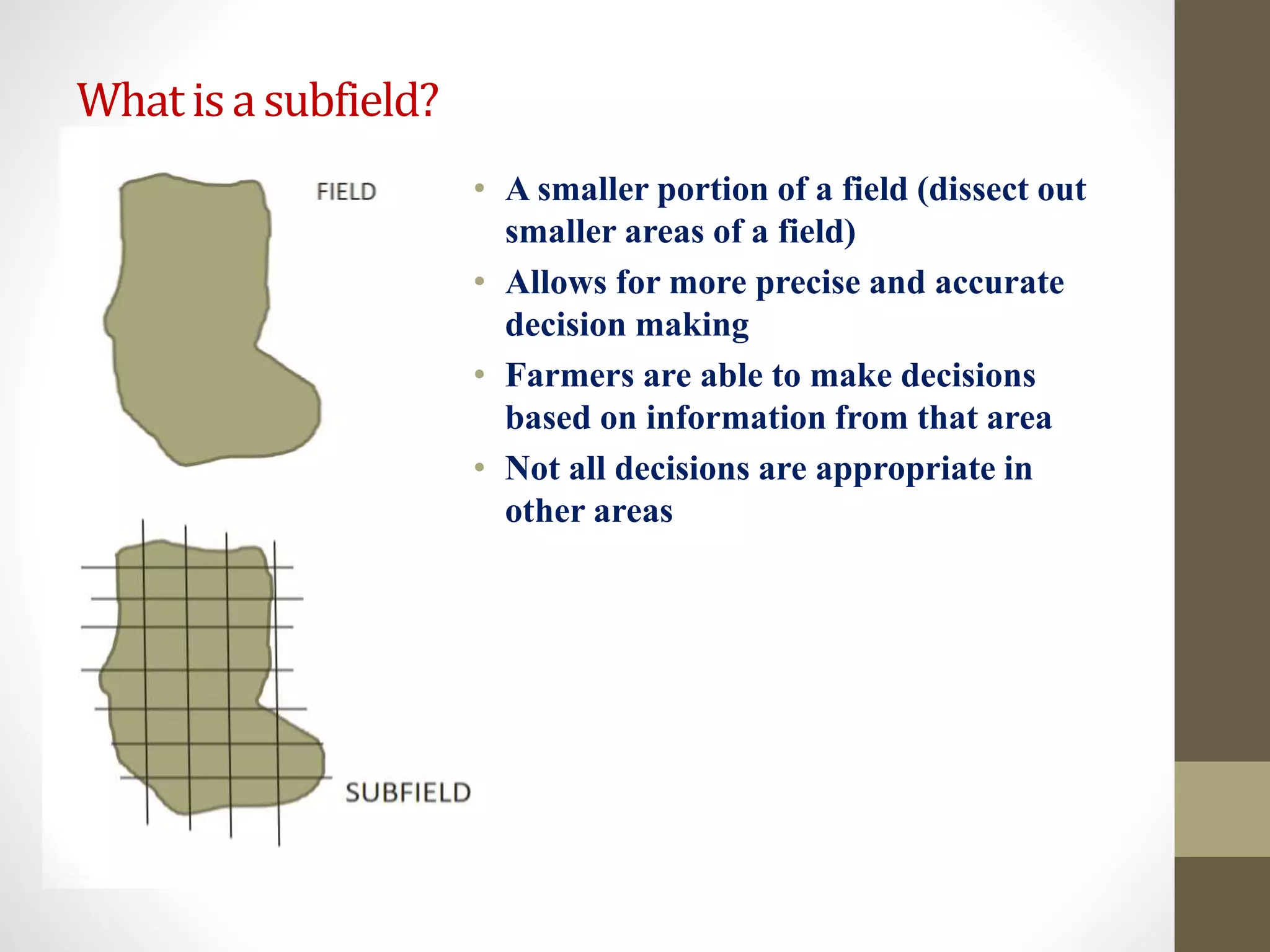 Whatisasubfield?
• A smaller portion of a field (dissect out
smaller areas of a field)
• Allows for more precise and accurate
decision making
• Farmers are able to make decisions
based on information from that area
• Not all decisions are appropriate in
other areas
 