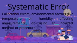 Systematic Error
Calibration errors, environmental factors (like
temperature or humidity affecting
measurements), or using an incorrect
method or procedure.
 