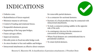  Esthetics zone.
 Redistribution of forces required.
 Minimize trauma to soft tissue.
 Control of loading and rotational forces.
 Nonparallel abutments present.
 Segmenting of the long span bridges.
 Future salvages efforts.
 Improved retention.
 Movable joints in fixed movable bridge work.
 As stress breaker in free end saddles and bridges.
 Intracoronal attachments as effective direct retainers
for removable partial dentures.
 As a connector for sectional dentures.
 Sections of a fixed prosthesis may be connected with
intracoronal attachments.
 To lock a connector joining saddles in the opposite
side of the arch.
 As contingency devices for the extension or
conversion of existing dentures.
 Where fixed dentures are contraindicated due to
periodontal condition.
 To retain hybrid dentures.
Becerra G, Macentee M. A classification of precision attachments. J Prosthet Dent
 